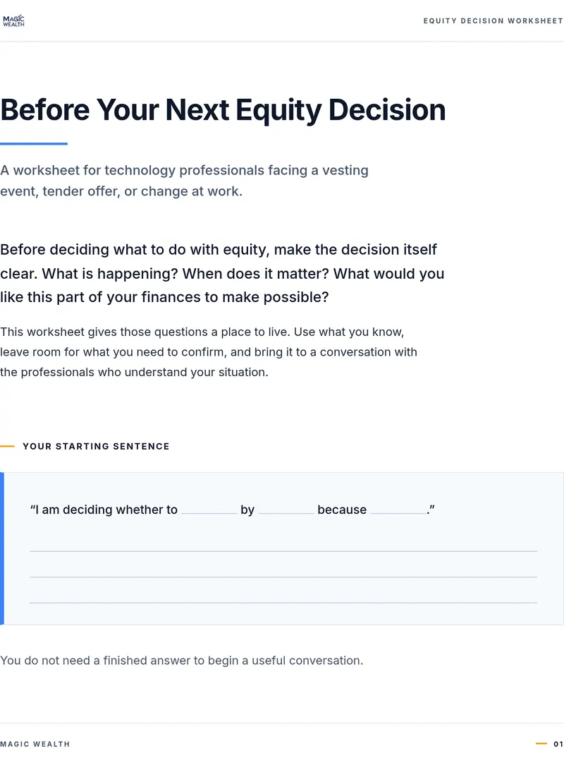 First page of Magic Wealth's worksheet, Before Your Next Equity Decision, for technology professionals facing a vesting event, tender offer, or change at work, with a sentence to complete.