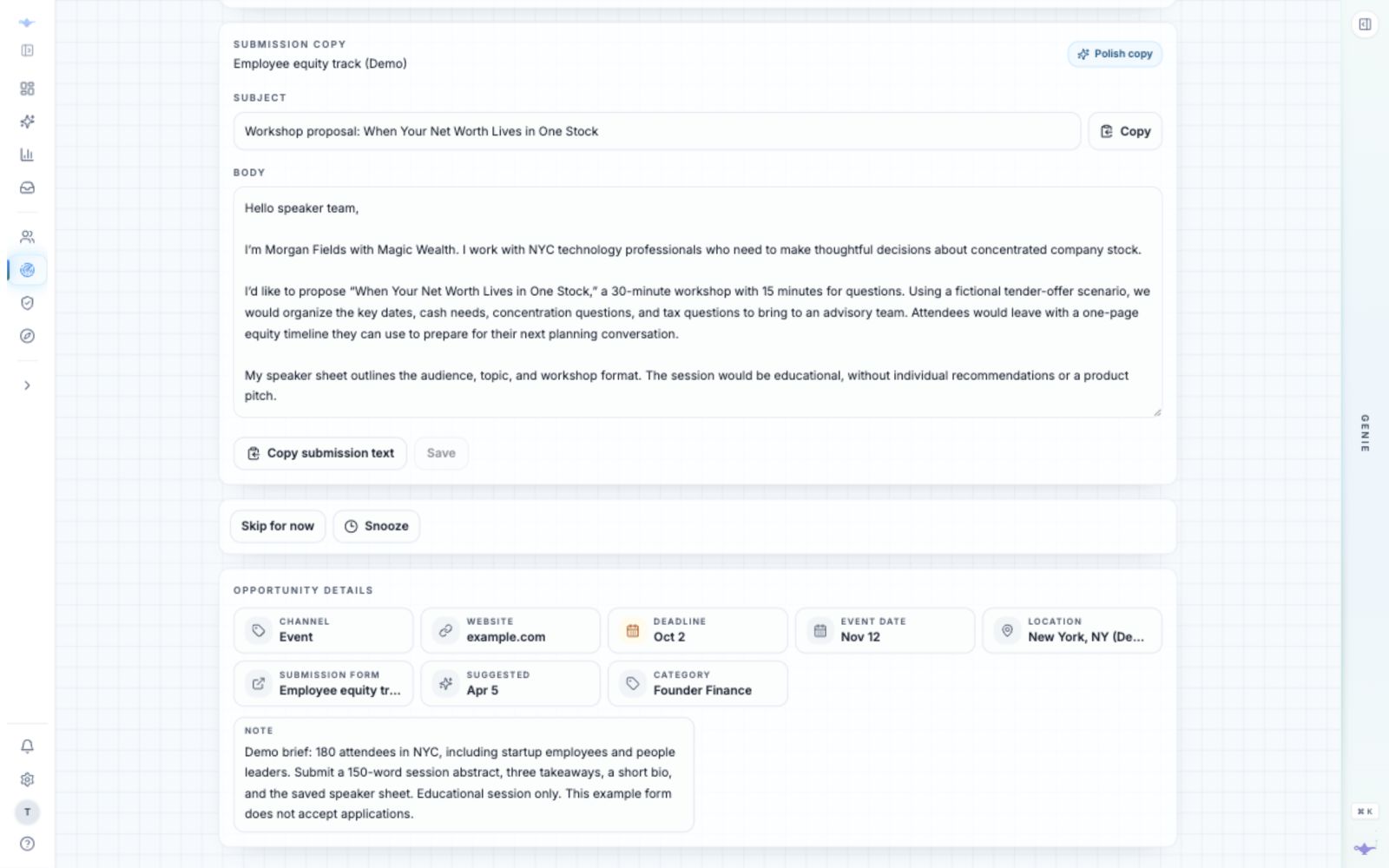Prepared workshop pitch and event details for the fictional Equity at Work Summit NYC, including audience research, format, dates, and an example submission form.
